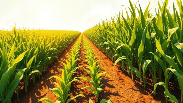 A lush cornfield stretching towards the horizon under a bright sky, showcasing rows of healthy green plants.