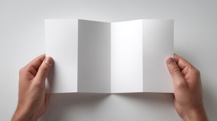Hands Holding a Blank, Four-Panel Accordion Fold Brochure Mockup on a White Surface.