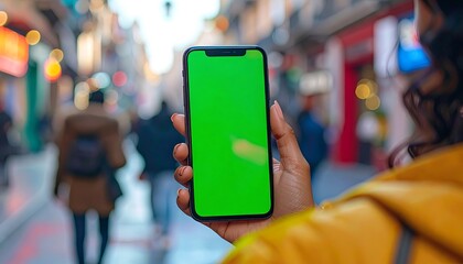 A person holds a phone with a green screen, against a blurred street background with pedestrians and shops