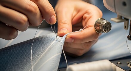 Skilled hands meticulously sewing fabric with needle and thread, thimble on finger, bright and clean workspace