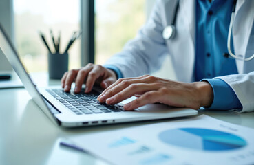 Doctor in white lab coat types on laptop, entering clinical study data. Graphs and charts on desk suggest research analysis. Focus on hands typing on keyboard in office workplace.