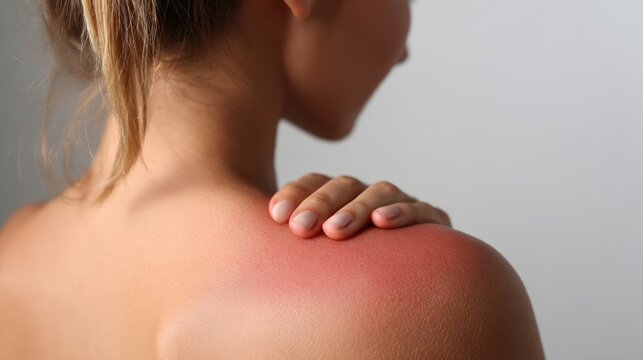 Woman's shoulder with red irritated skin from allergy or inflammation. Medical hospital pain treatment concept