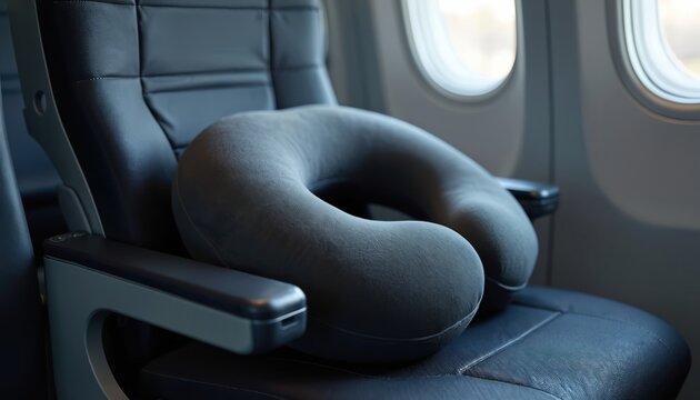 Gray travel neck pillow rests on empty airplane seat, offering comfort for flying. Cushion accessory ensures relaxation, well-being during air travel journeys. Ergonomic design supports comfortable - Powered by Adobe