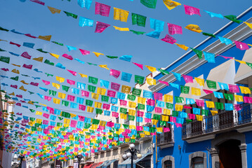 Lines of colored Bunting in Puebla, Mexico