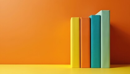 Fototapeta premium Row of colorful books yellow orange teal light green on vibrant orange background. Standing tall on yellow surface. Represents education learning academic success knowledge literature reading wisdom