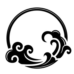 Wave circle frame vector illustration, black and white Japanese ocean wave ornament, abstract water swirl decorative design element isolated on white background EPS