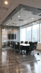 Modern glassenclosed conference room with table and chairs in office space