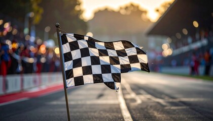 Checkered flag waving at racetrack — symbolic finish, competitive triumph, motion and glory.