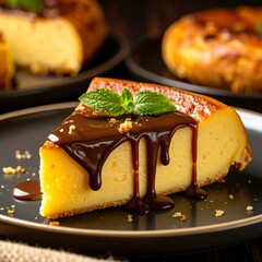 Close-up of a slice of cheesecake with chocolate sauce and mint