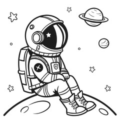 Inspiring astronaut dreams of space exploration, sitting on moon with stars and planets, a fun, modern design perfect for kids' products and educational materials