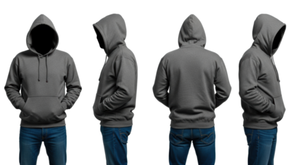 Four gender-neutral figures in dark grey pullover hoodies and blue jeans, full body, faces obscured, in model sheet layout against a transparent studio background, high-key lighting, concept of