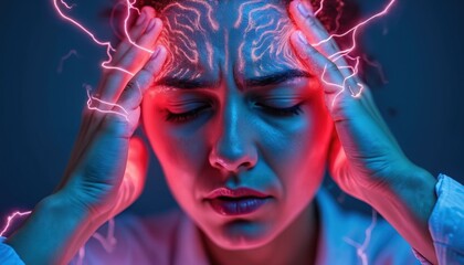 Person clutches head in agony from severe migraine cephalalgia. Pulsating pain, intense headache, neurological symptom shown with red glowing brain waves. Suffering, stress, discomfort amplified by