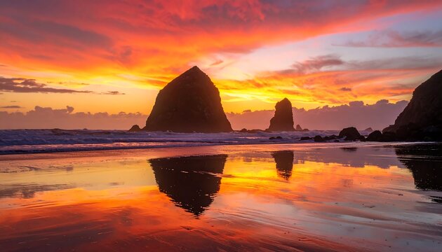 Dramatic sunset over the beach with rock formations - Powered by Adobe