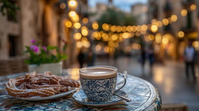 Experience the charm of Barcelona's early evening with a cozy caf&eacute; table, caf&eacute; con leche, and cinnamon-sugar churros under glowing string lights.