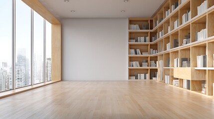 Obraz premium Bright modern library with large window and city view in the background