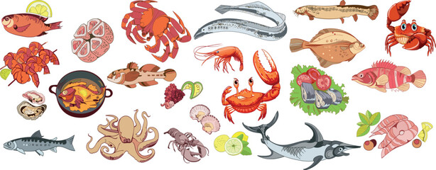 Fresh fish and seafood vector set with shrimp crab squid salmon and gourmet market ingredients illustration