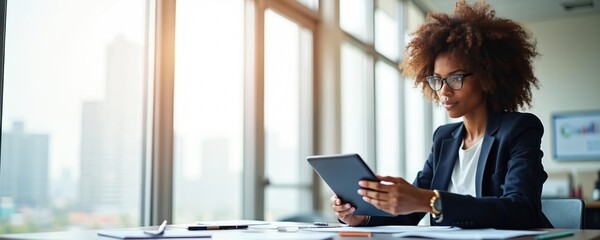 Fototapeta na wymiar Young African American businesswoman analyzes corporate data using tablet computer. Pro woman working remotely watches webinar for project success. Concentrated female executive uses technology for