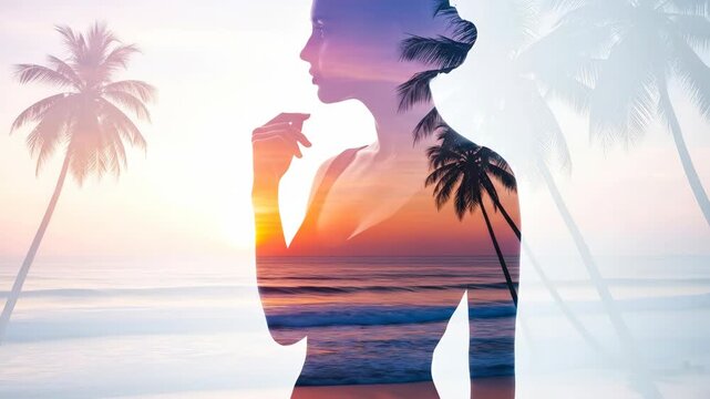 Woman silhouette with sunset beach scene and palm tree appearing and fading, travel and memory concept footage.