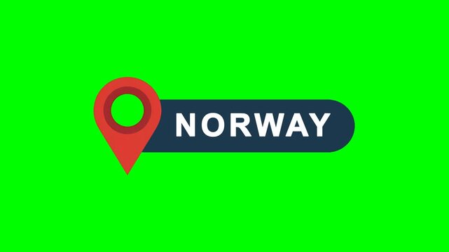 Norway GPS location pin animation with map point tracking marker and name tag isolated on green screen with chroma key ideal for navigation, travel and geography