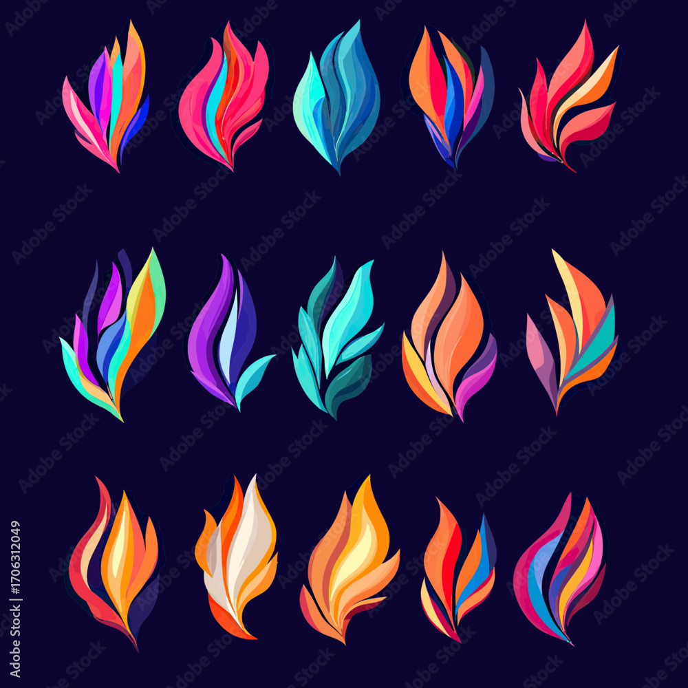 Poster set of colorful stylized fire flame icons design with abstract layered shapes and vibrant gradient c