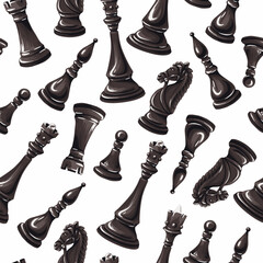Seamless Chess Pieces Vector Pattern Featuring Classic Black and White King Queen Rook Knights