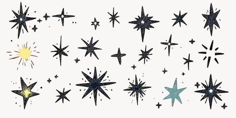 Hand drawn star sparkle set with twinkle, glow, magic glitter elements in doodle sketch style, decorative cosmic and celestial light vector illustration design