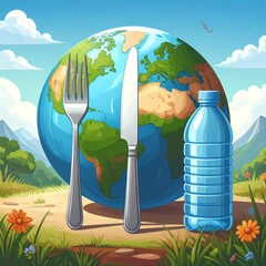 Earth globe with fork, knife, and bottle