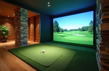 Indoor golf simulator features realistic golf course projection. Practice swing with golf club, ball on green turf mat. Rustic stone pillar, wood interior design, modern technology for leisure, fun.