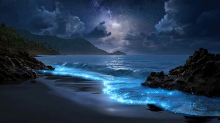 Bioluminescent Waves Under a Starry Night Sky on a Tropical Beach
