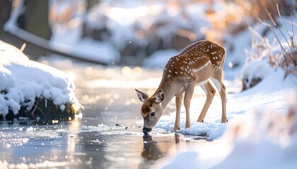 Fawn drinking at a winter stream