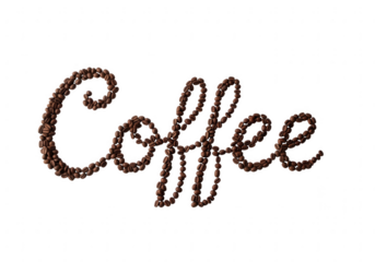 Coffee beans spelling the word coffee isolated on transparent background