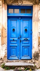 Aged, vibrant blue door on weathered building
