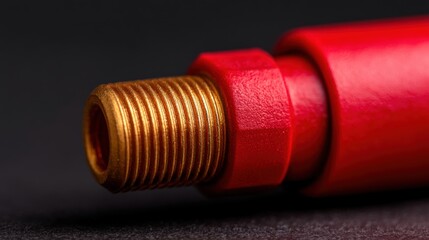 Construction safety training, A close-up image of a threaded metal connector with a vibrant red plastic sleeve, showcasing intricate details and texture.