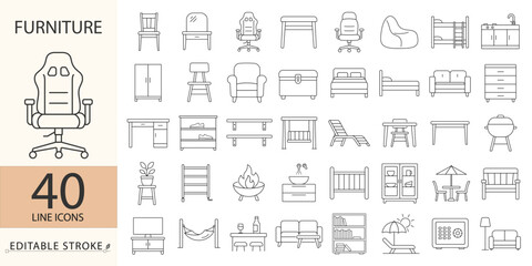 A furniture icon set in minimalist style with editable stroke. Chairs, tables, sofas, beds, cabinets, shelves, outdoor elements, modern interior, home decor, living design, household furniture.