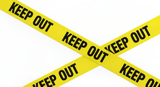 Two bright yellow caution tapes with the words "KEEP OUT" written in black capital letters are crossed over a plain white background.