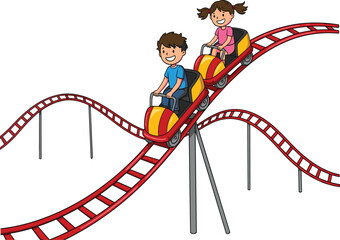 Cartoon kids riding roller coaster with loops and curves, fun amusement park vector illustration for children’s entertainment and adventure themes