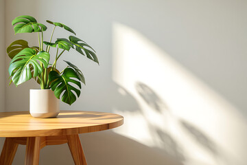 Monstera plant in a pot on a wooden table with sunlight