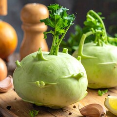 Fresh kohlrabi on a wooden board