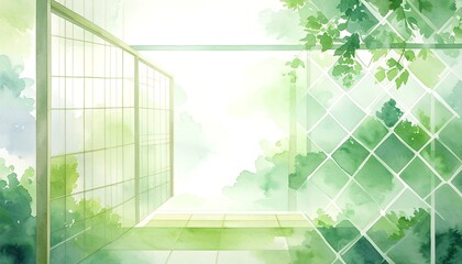 Soft, watercolor-style image of a serene Japanese-style room opening to a lush garden