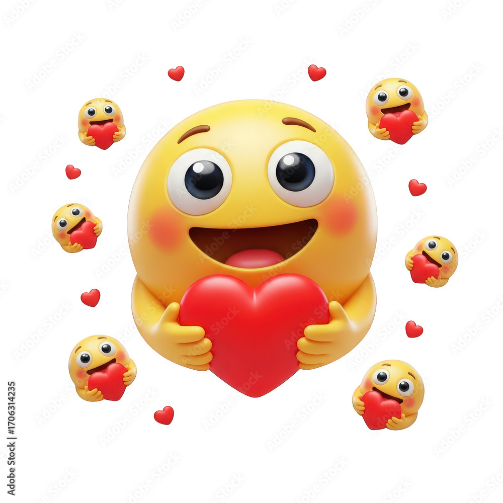 Poster expressive emoji holding a heart with surrounding mini emojis on transparent backdrop a symbol of af