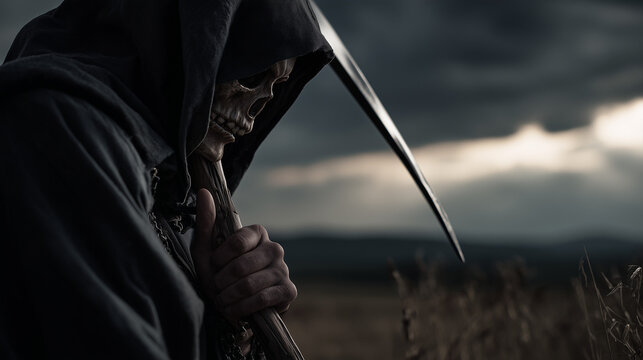 Skeleton Figure in Dark Cloak Holding Scythe
