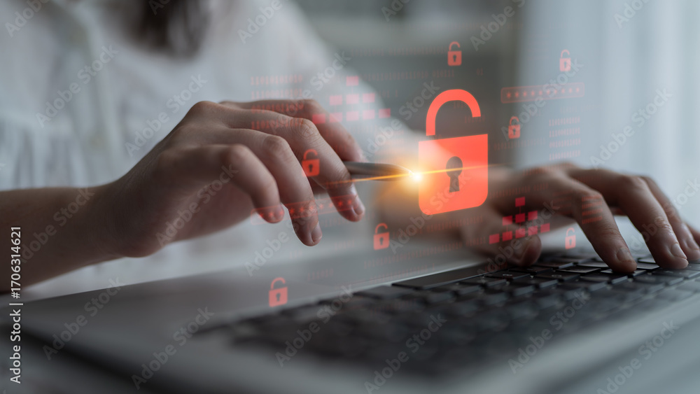 Poster digital security concept illustrating a cybersecurity breach, with a red unlocked padlock indicating