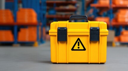 Construction safety training, A bright yellow toolbox with a warning sign, set against a backdrop of industrial shelving and orange storage bins.