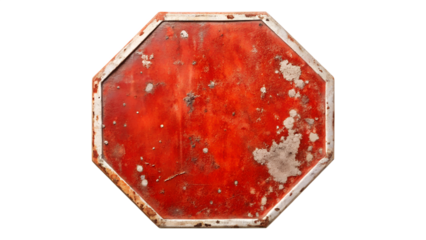 Old and weathered red stop sign isolated on transparent background, creating a vintage and rustic aesthetic with its worn texture and faded color