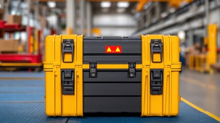 Construction safety training, A sturdy yellow and black case sits on a blue surface, set in a spacious industrial environment filled with shelves and boxes.
