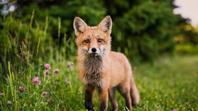 A fox standing in a field of green grass and clover, looking directly at the camera.