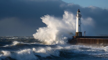 Gigantic waves crashing against lighthouse during stormy weather