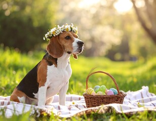 Beagle dog with flower crown and Easter eggs