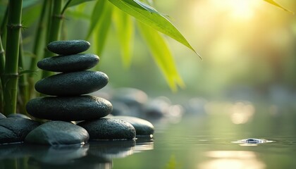 Obraz premium Stack of smooth stones balanced near bamboo stalks with tranquil water, soft sunlight. Offers calming natural backdrop for product placement, spa, wellness themes. Evokes harmony, relaxation.
