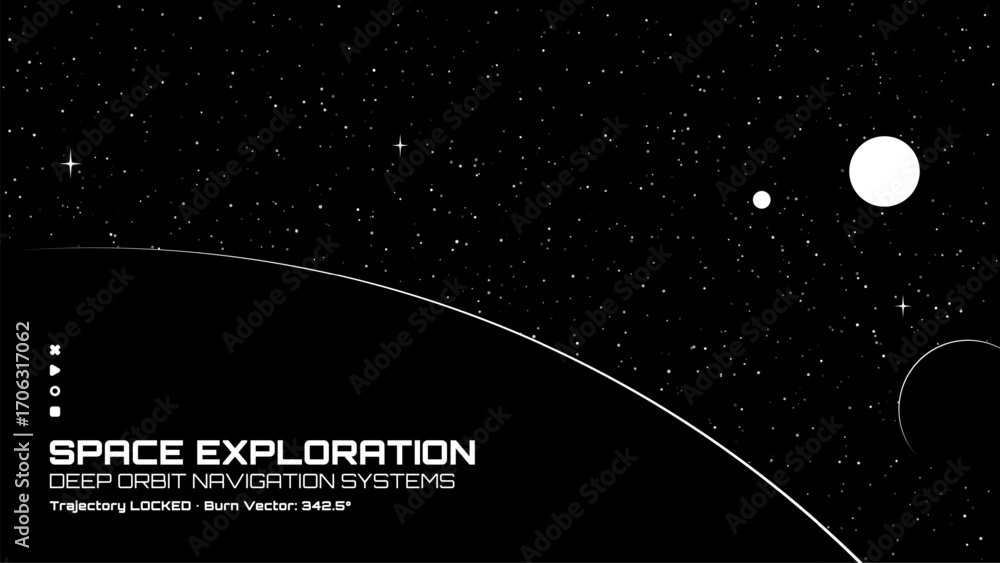 Poster minimalist space vector background with stars and planets, representing deep orbit navigation system